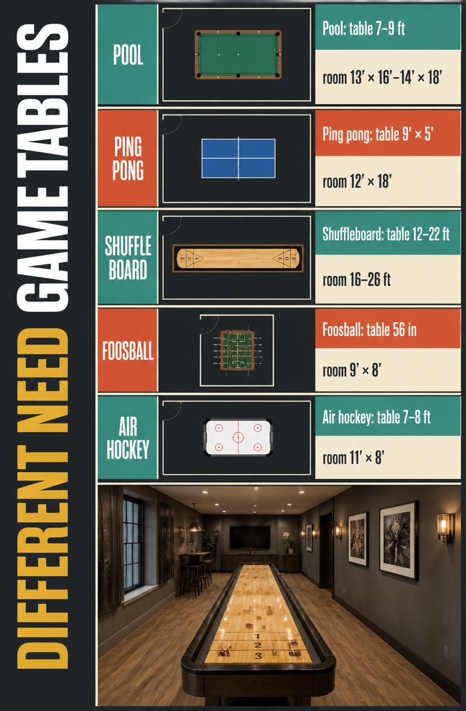 Game table size chart with recommended room dimensions for five games
