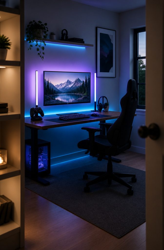 Gaming desk with blue and violet light bars beside a softly lit monitor