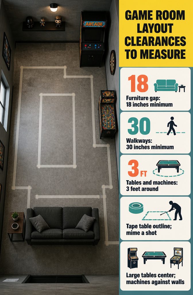 Game room layout diagram with furniture, tables, machines, and marked walkways