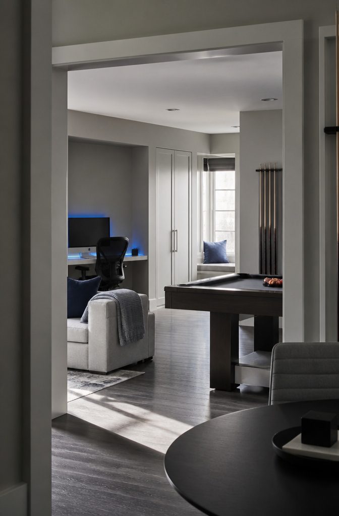 Minimal game room with a compact pool table and pale gray furnishings