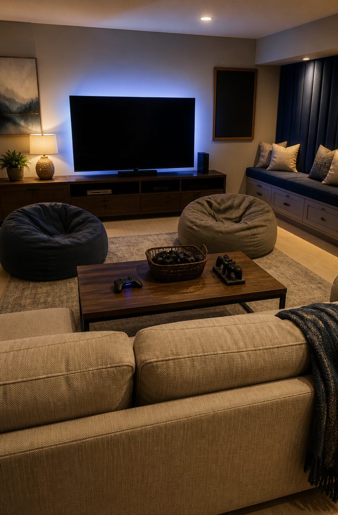 Multiplayer room with couch, bean bags, large TV, and controller basket
