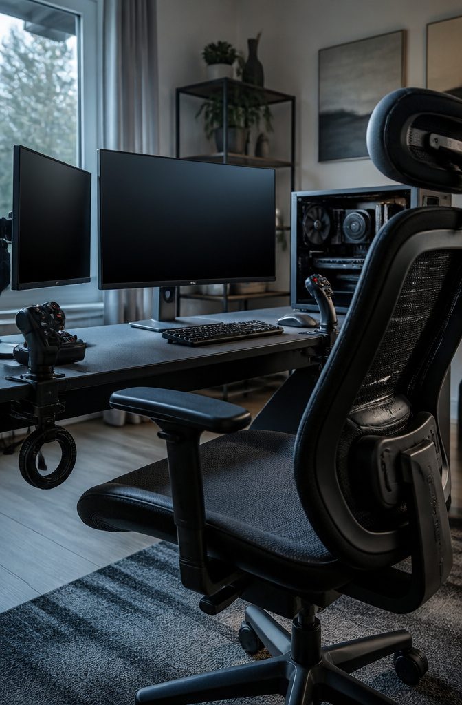 Gaming desk with a centered monitor, a side monitor, keyboard, and chair