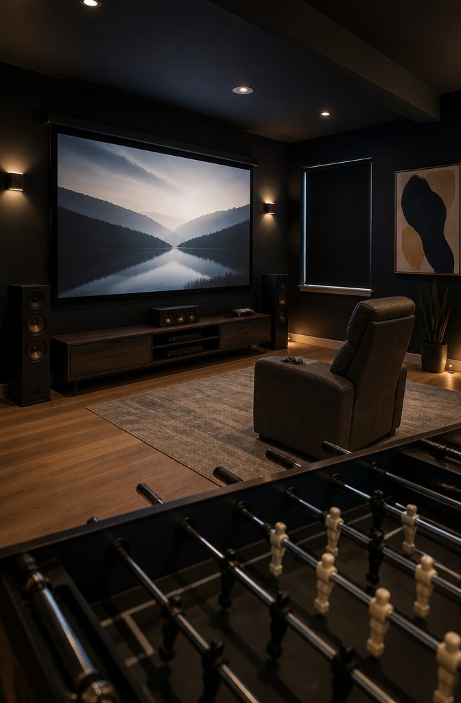 Projector room with a high-back recliner and low media console