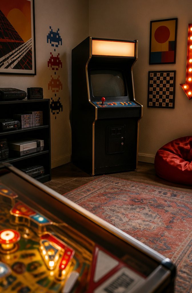 Retro game room with an arcade cabinet, vintage posters, and warm lighting