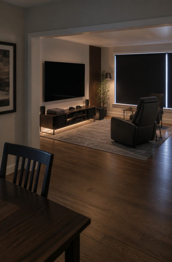 Shared living room with gaming screen, lounge seating, and an area rug