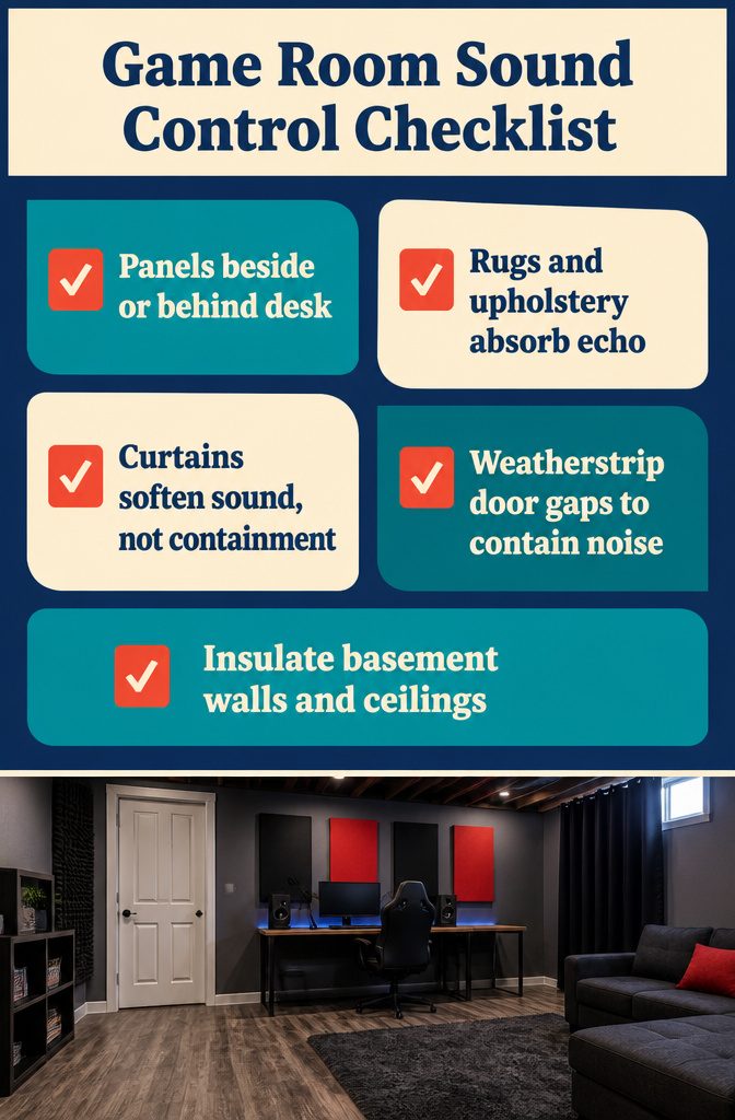 Game room sound control checklist listing panels, rugs, curtains, and door seals