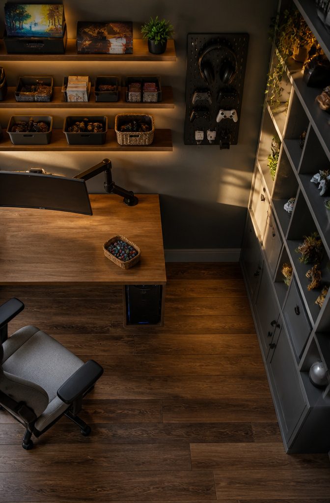 Gaming gear stored on wall shelves and pegboard above a desk