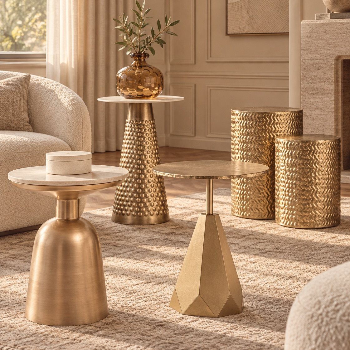 Brass accent side tables in various shapes on a plush neutral area rug.