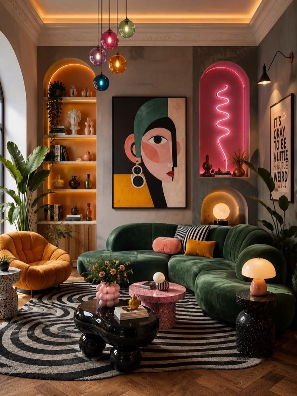 Emerald green curved velvet sofa in a glamorous living room with colorful decor.