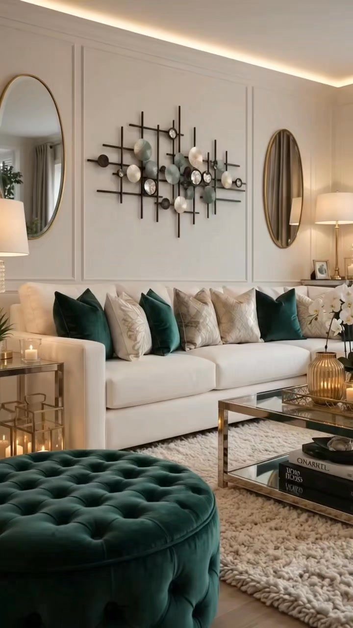 White sofa with emerald green accent pillows and a tufted emerald green ottoman.