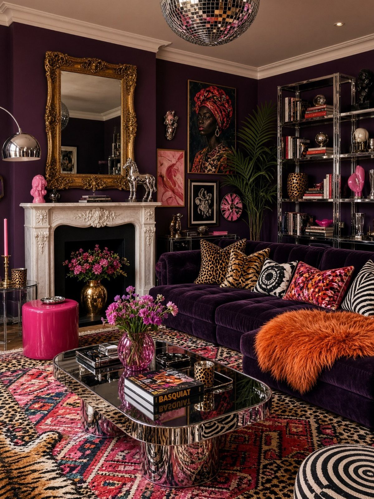Maximalist living room with purple velvet sofa and bold patterned area rug.