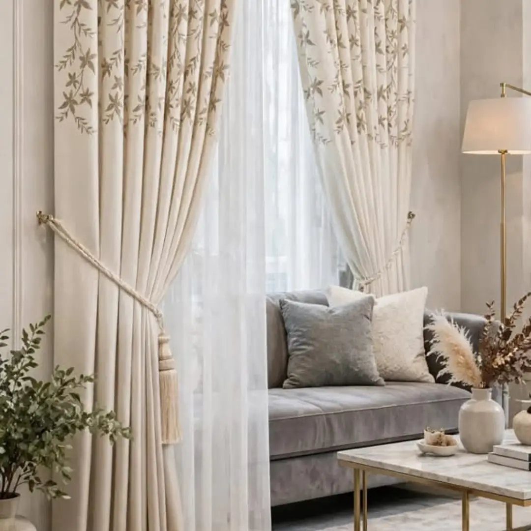 Long cream floral curtains framing a grey velvet sofa and marble coffee table.