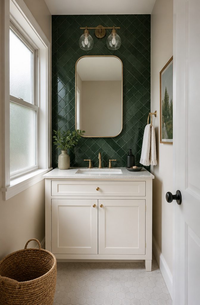 A bathroom featuring deep green tiles and a white vanity.