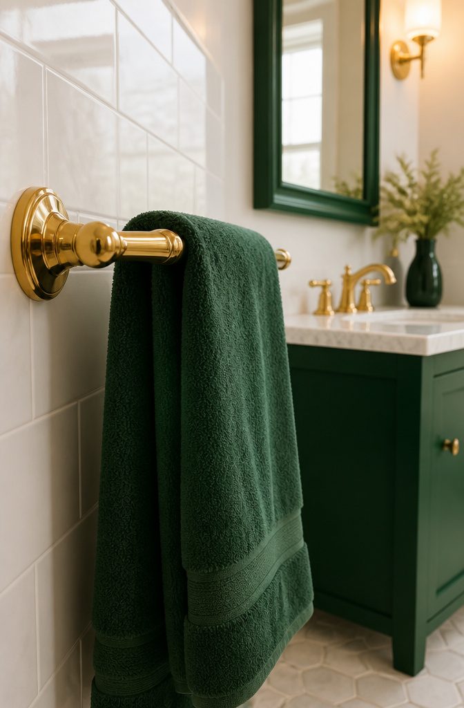 Emerald green towel bar and mirror frame in a bathroom.