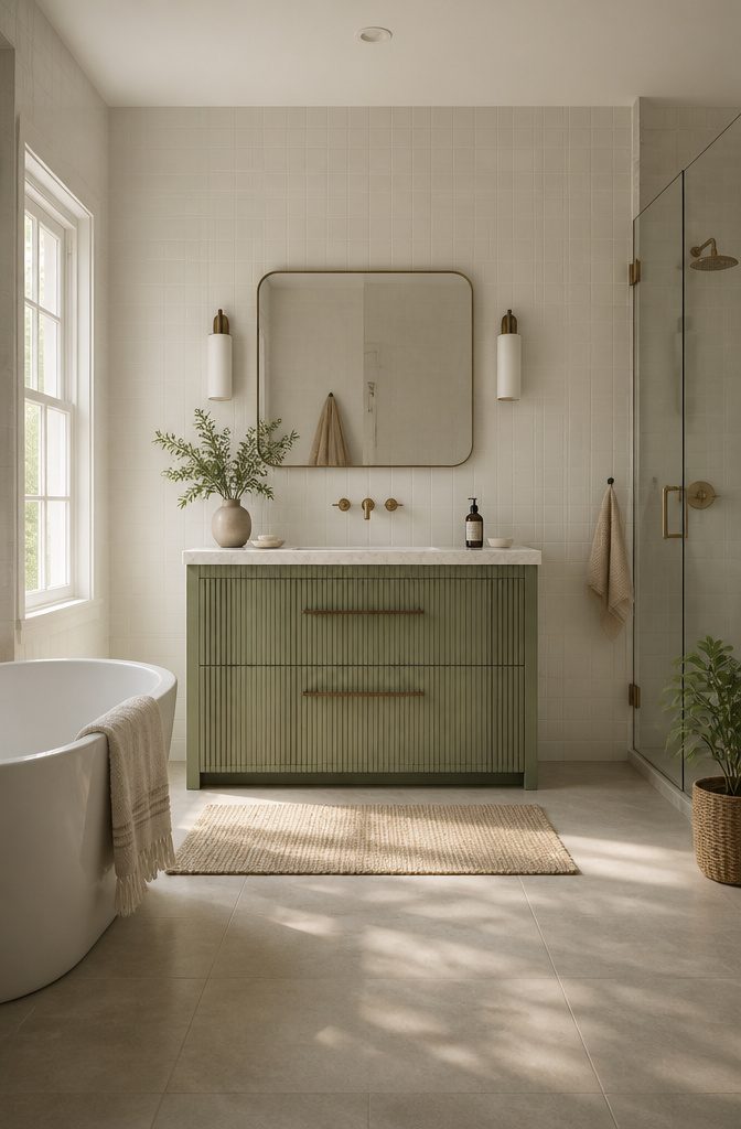A green bathroom vanity with wood accents and natural stone.