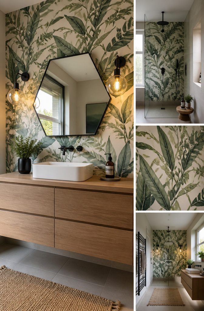 Green botanical wallpaper featuring leaf patterns in a bathroom.