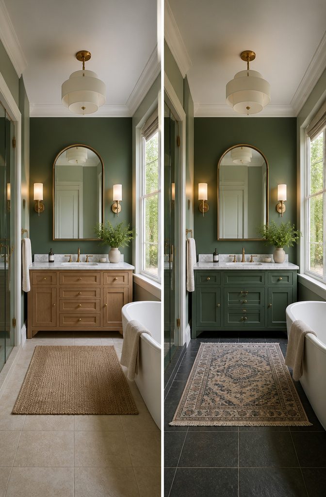 A bathroom with warm lighting highlighting green paint hues.