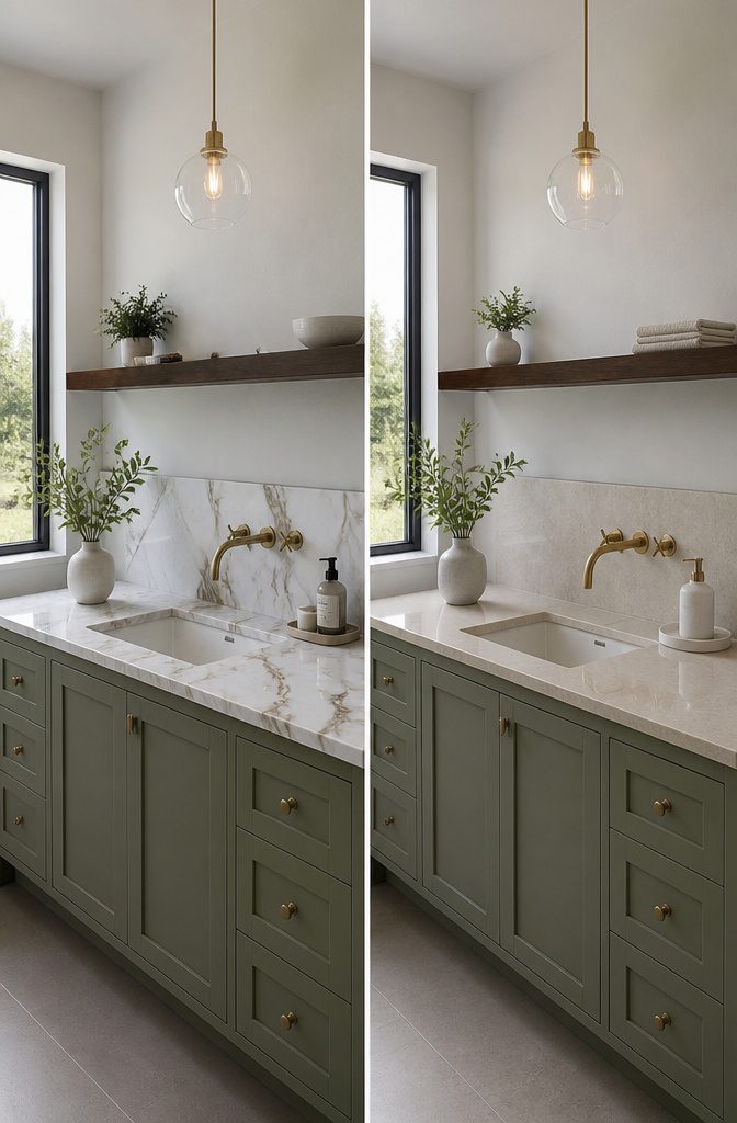 A bathroom with wood and stone elements alongside green accents.