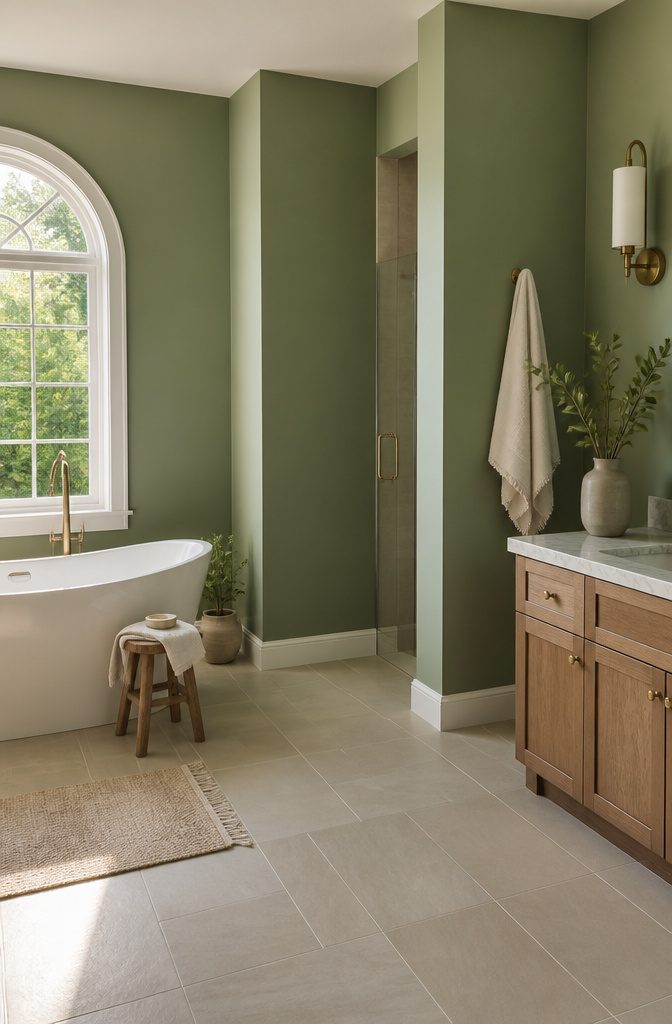 Bathroom walls painted with a modern emulsion finish.