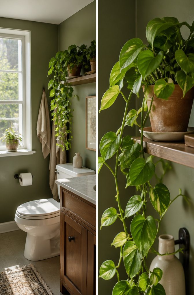 Various indoor plants placed strategically in a bathroom.