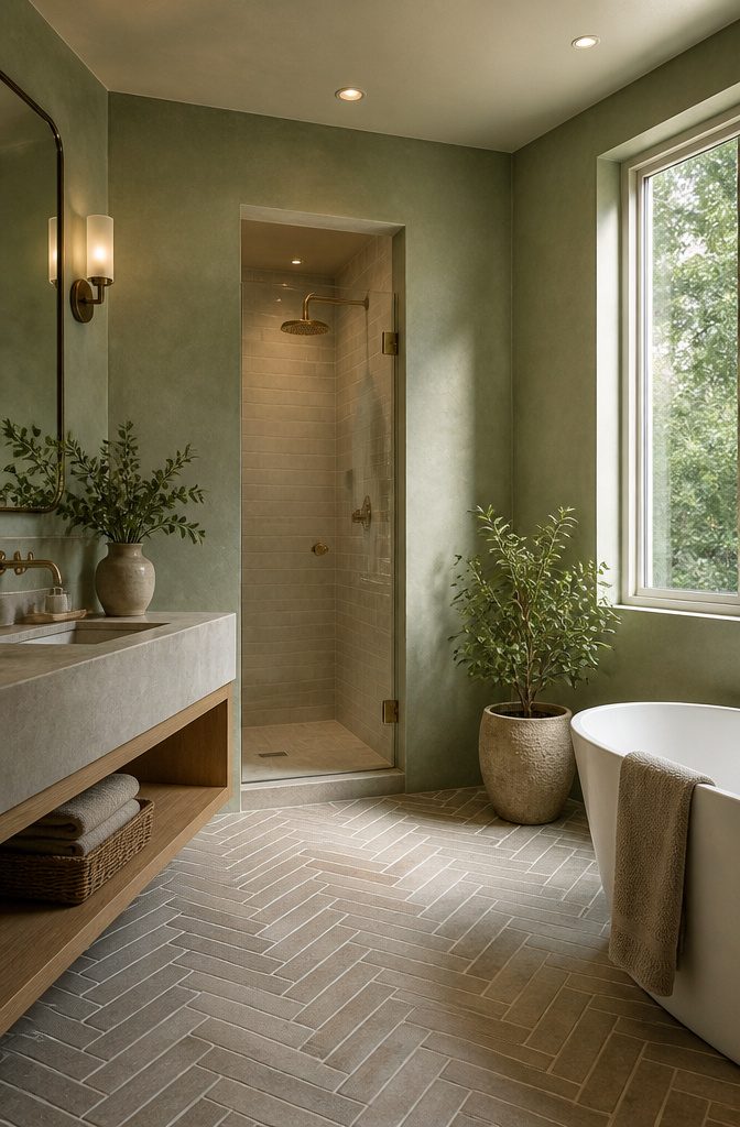 A bathroom with sage green walls and herringbone faux-brick floors.