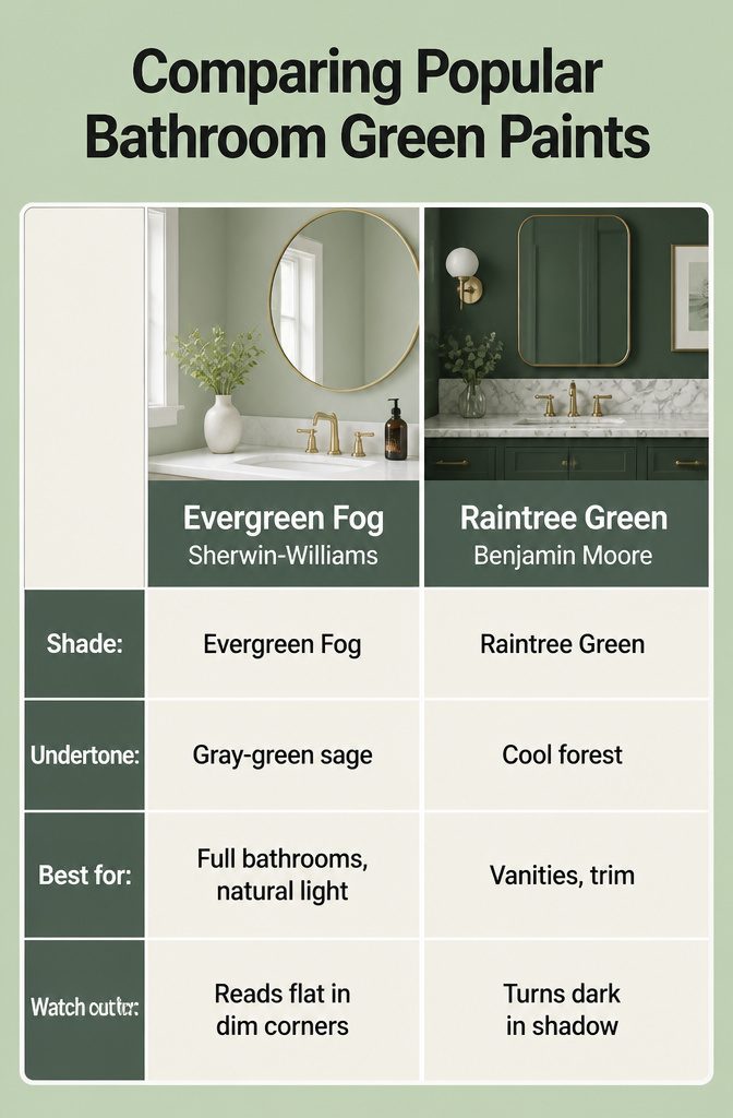 A chart comparing different green paint colors for bathrooms.