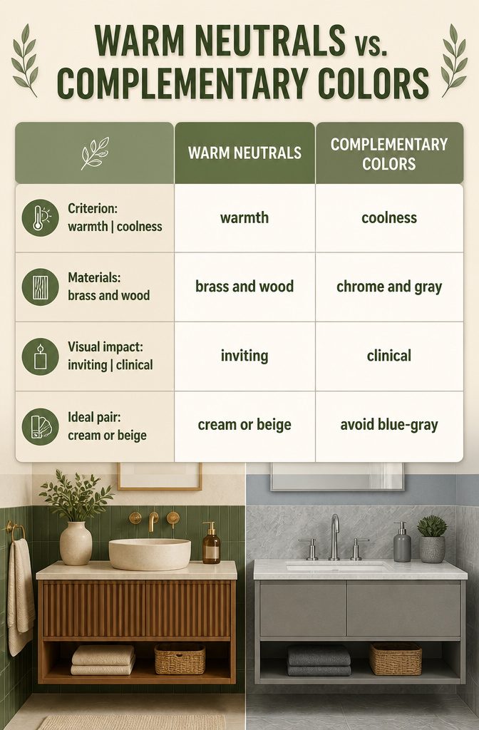 Brass fixtures and soft neutrals complement green bathroom elements.