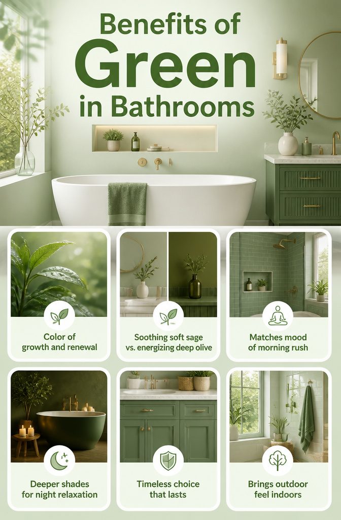 An infographic explaining the benefits of green in bathrooms.