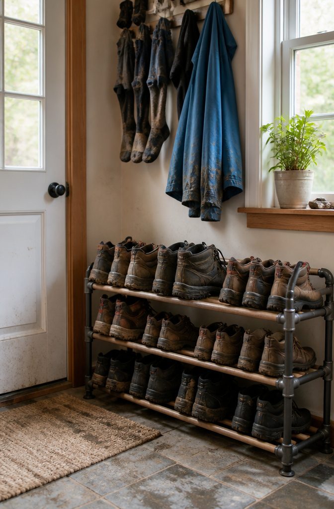 A sturdy boot rack holding several pairs of muddy hiking boots.