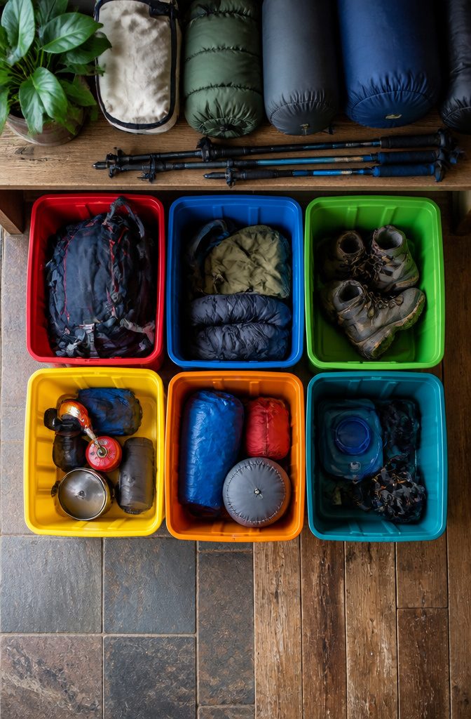 Totes organized by hiking activity type on a shelf.