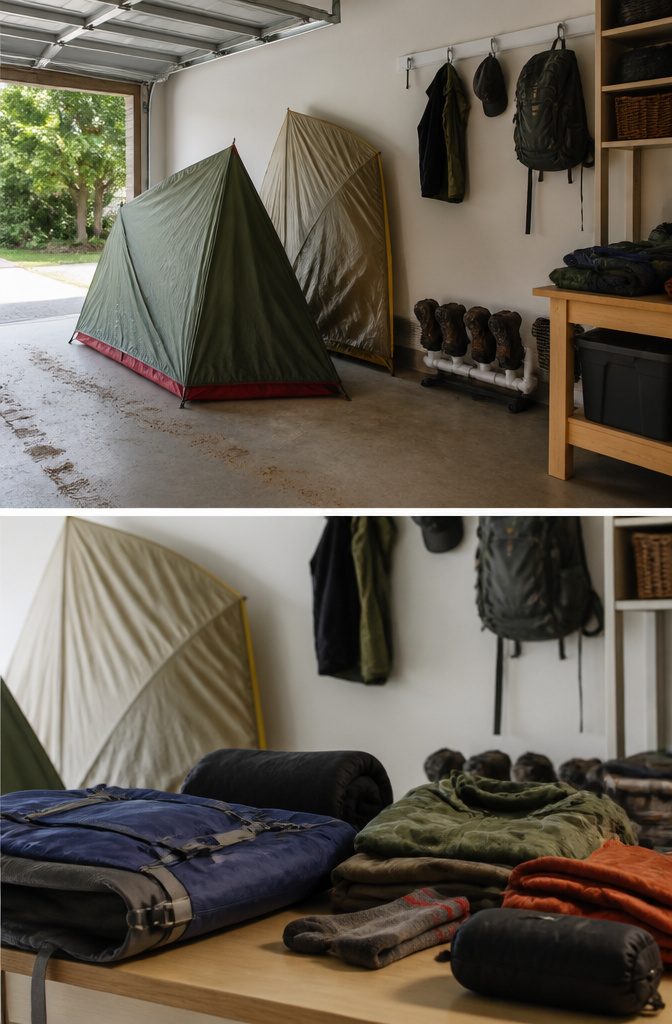 A collection of cleaned hiking gear ready for storage.