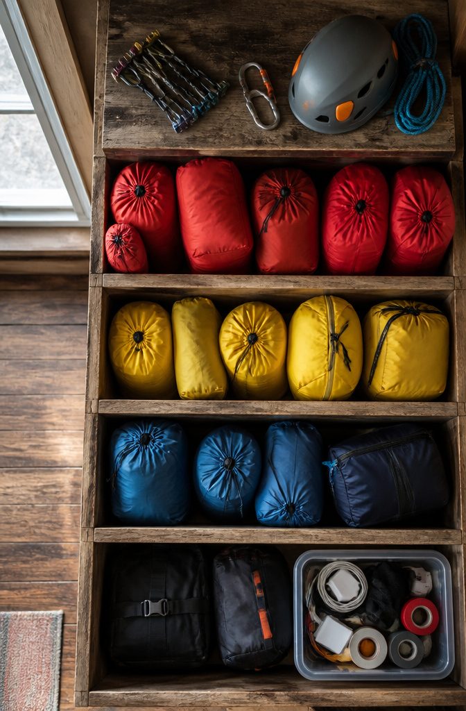 Brightly colored stuff sacks organized by function for hiking gear.