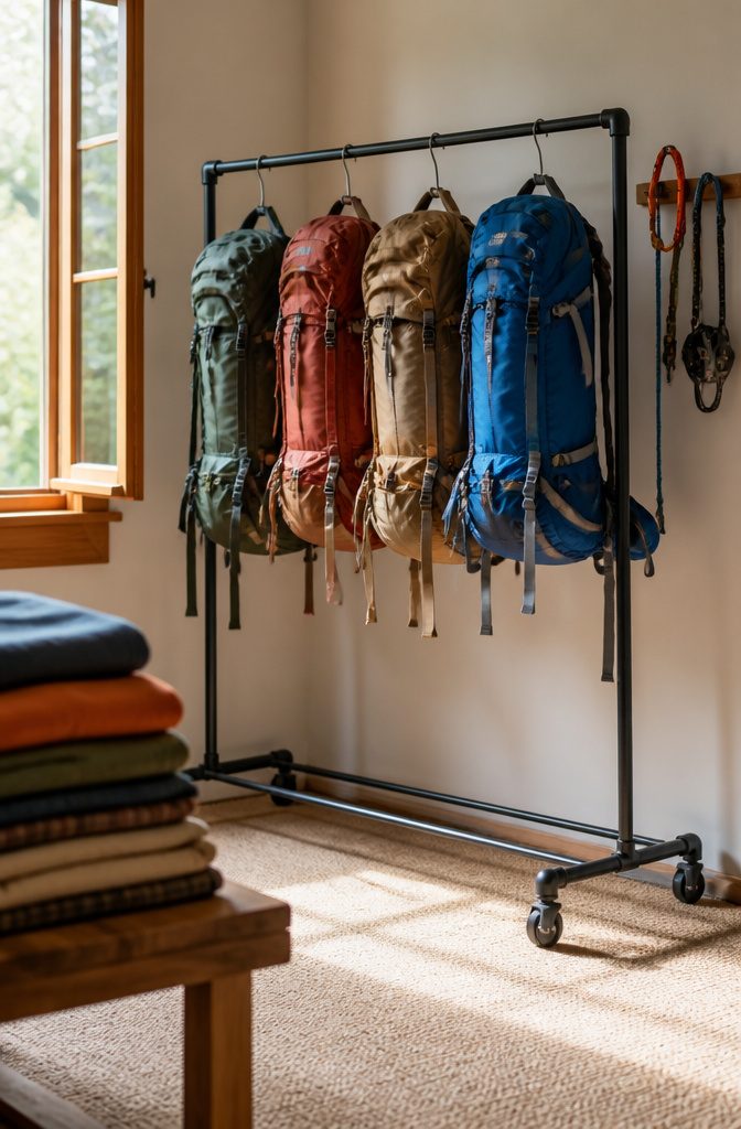 A garment rack displaying several hiking packs in a bedroom corner.