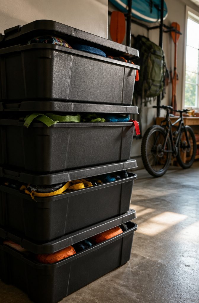 A heavy-duty storage bin used for organizing hiking gear.