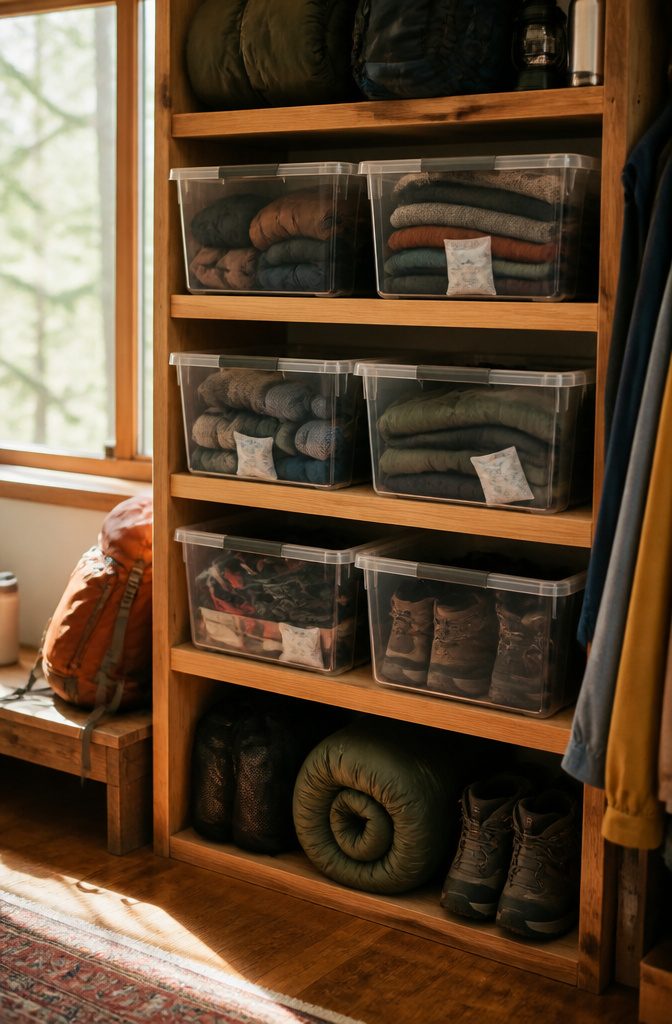 Clear bins with silica packets for moisture control in hiking gear.