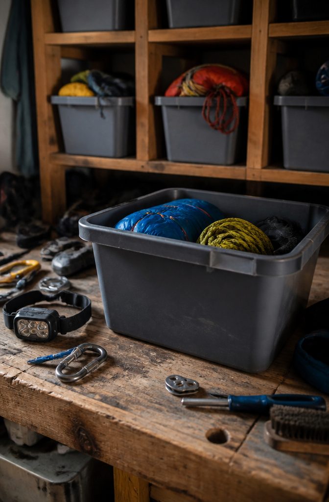 Labeled storage bins on a workbench filled with hiking gear.
