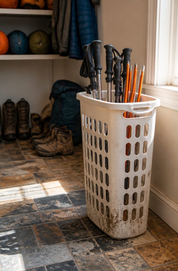 A laundry basket filled with hiking poles near a back door.