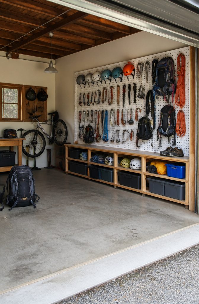 A pegboard system holding various hiking gear on a garage wall.