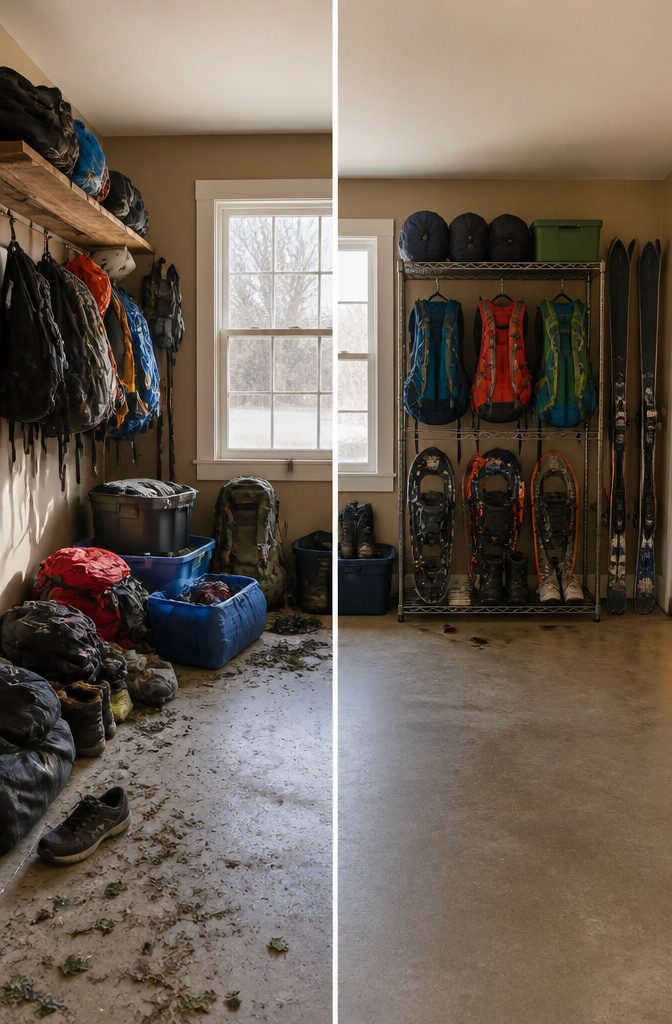 Hiking gear organized by season in a storage area.