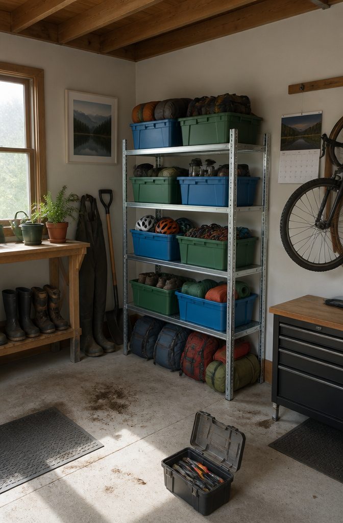 A 5-tier shelving unit holding organized hiking gear in a garage.
