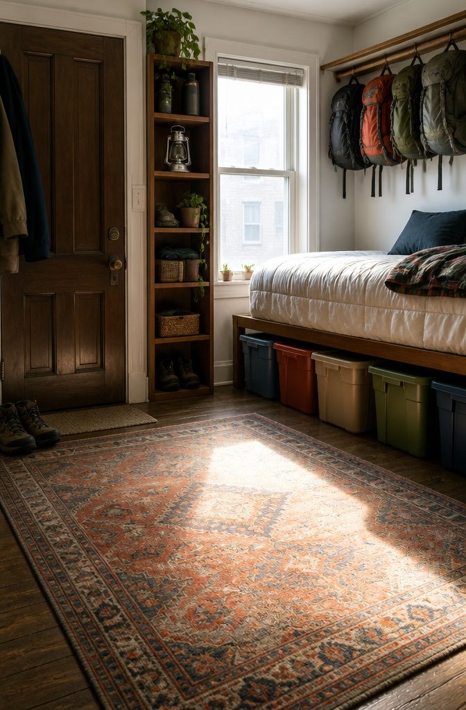 Hiking gear stored in various small spaces around a home.