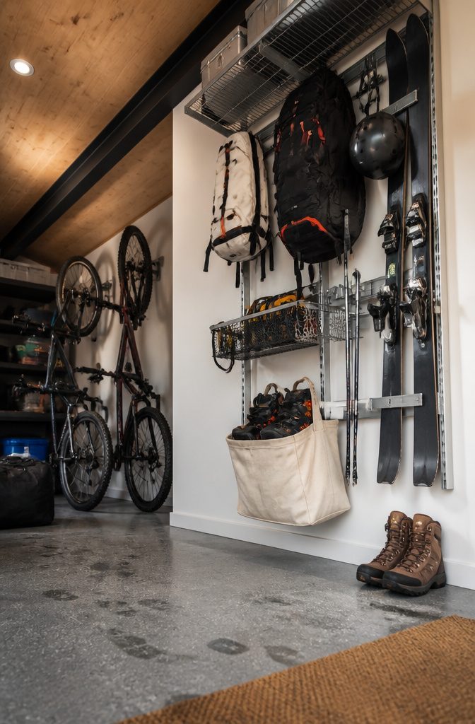 A wall-mounted storage system for bikes and outdoor gear in a garage.