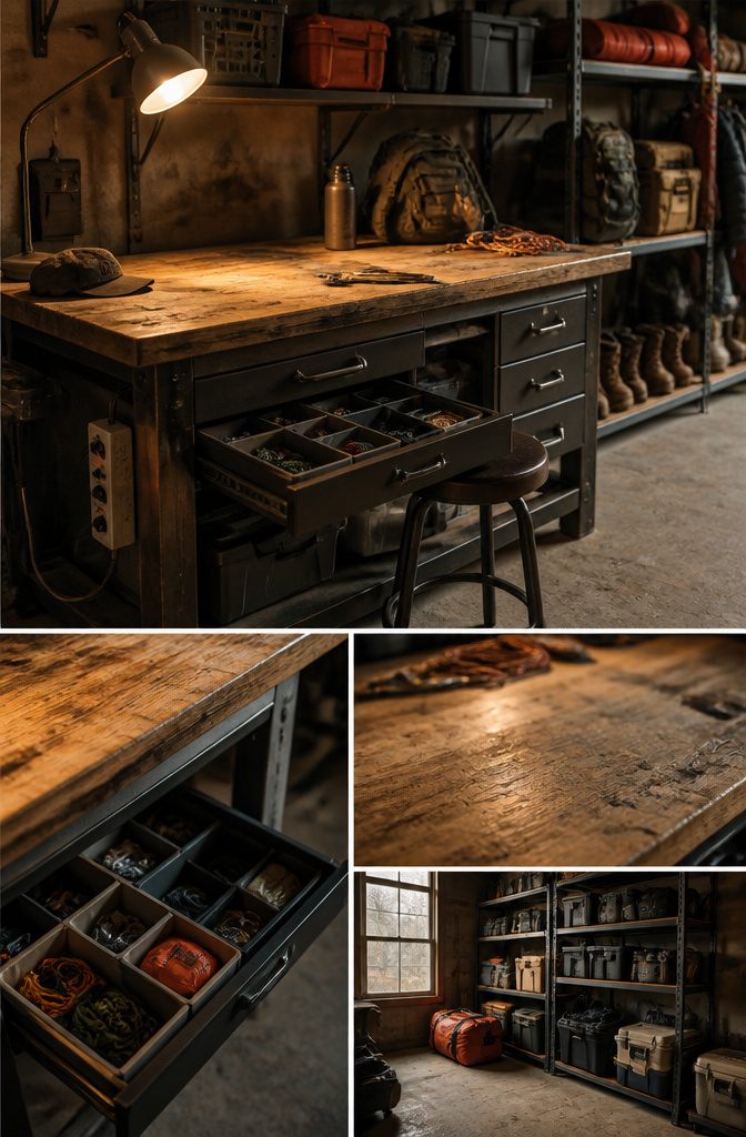 A workbench in a garage with drawers filled with hiking gear.