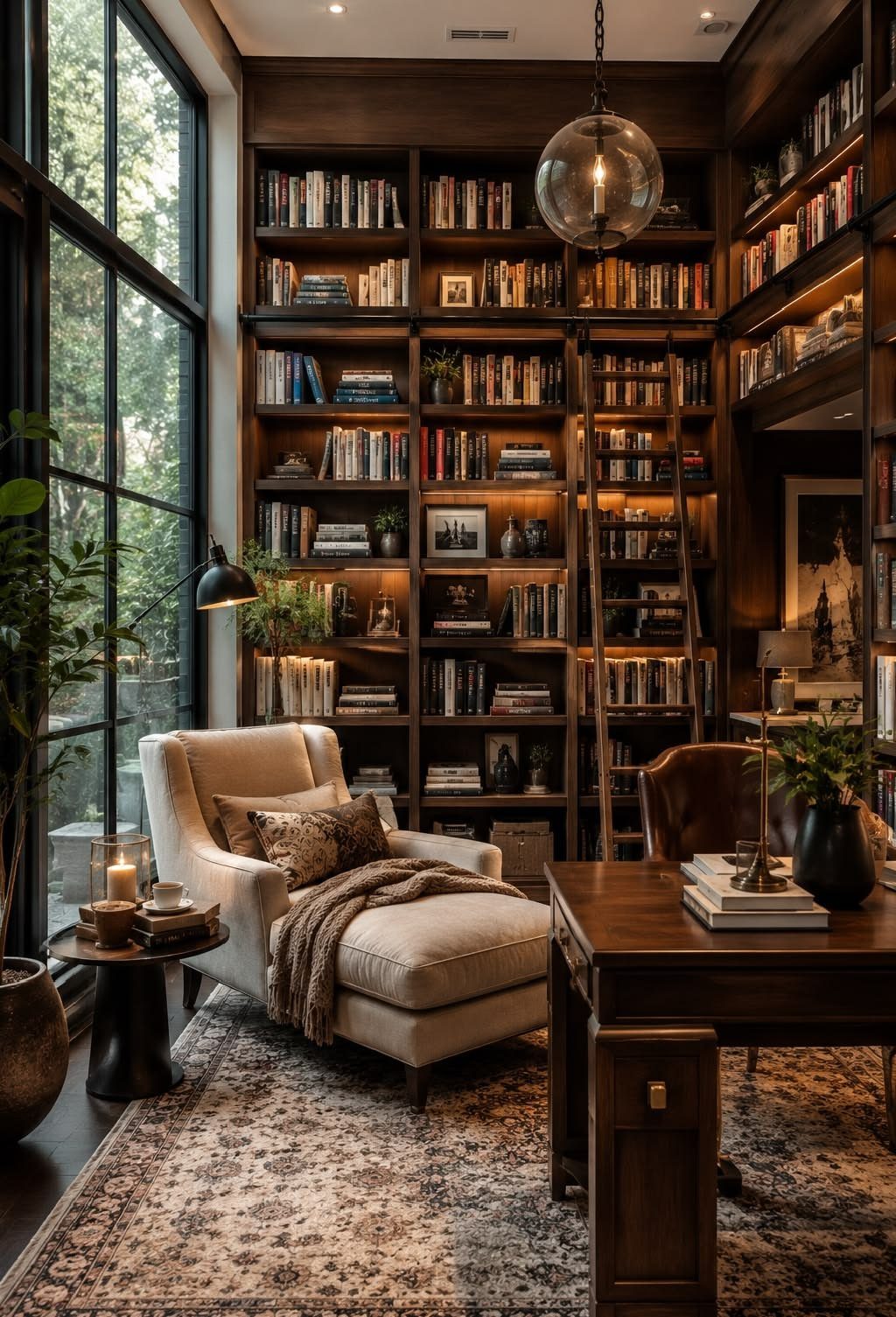 Beige chaise lounge with a brown throw and cushion in a home library.