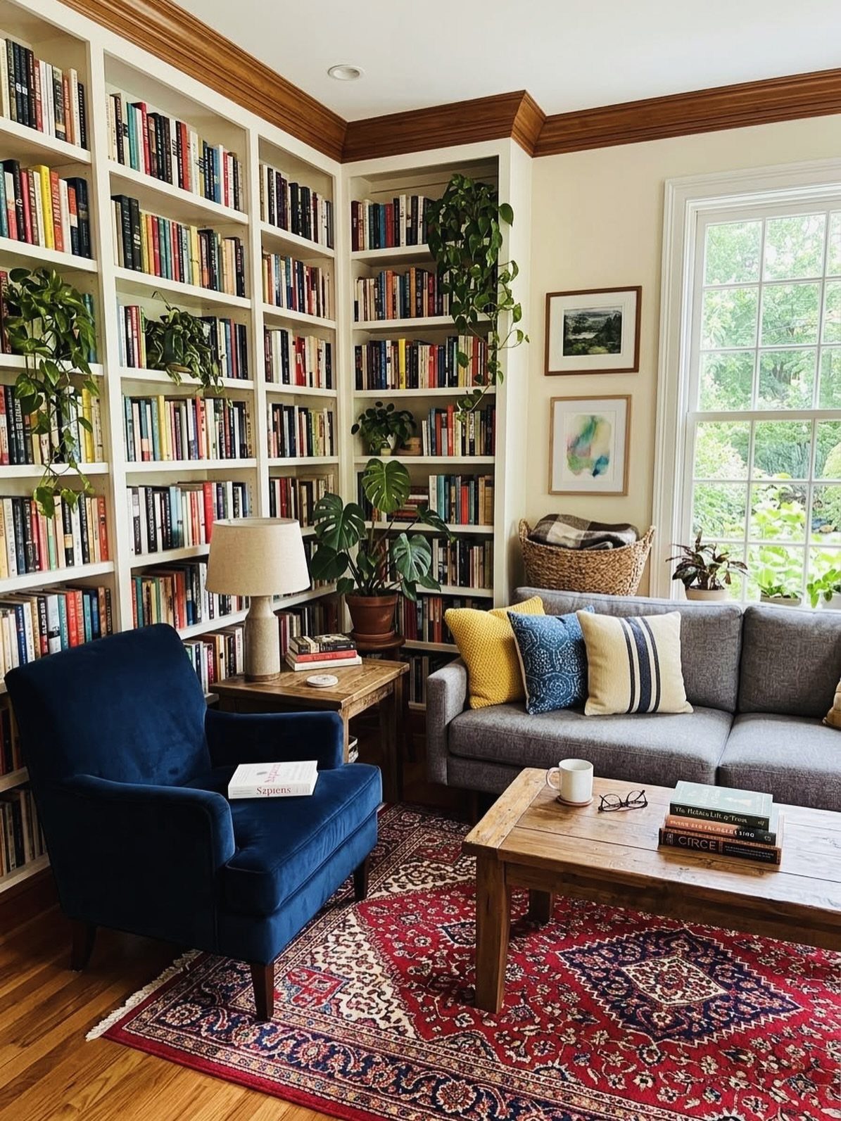 Cozy reading nook with blue armchair, grey sofa, and bookshelves with green plants.
