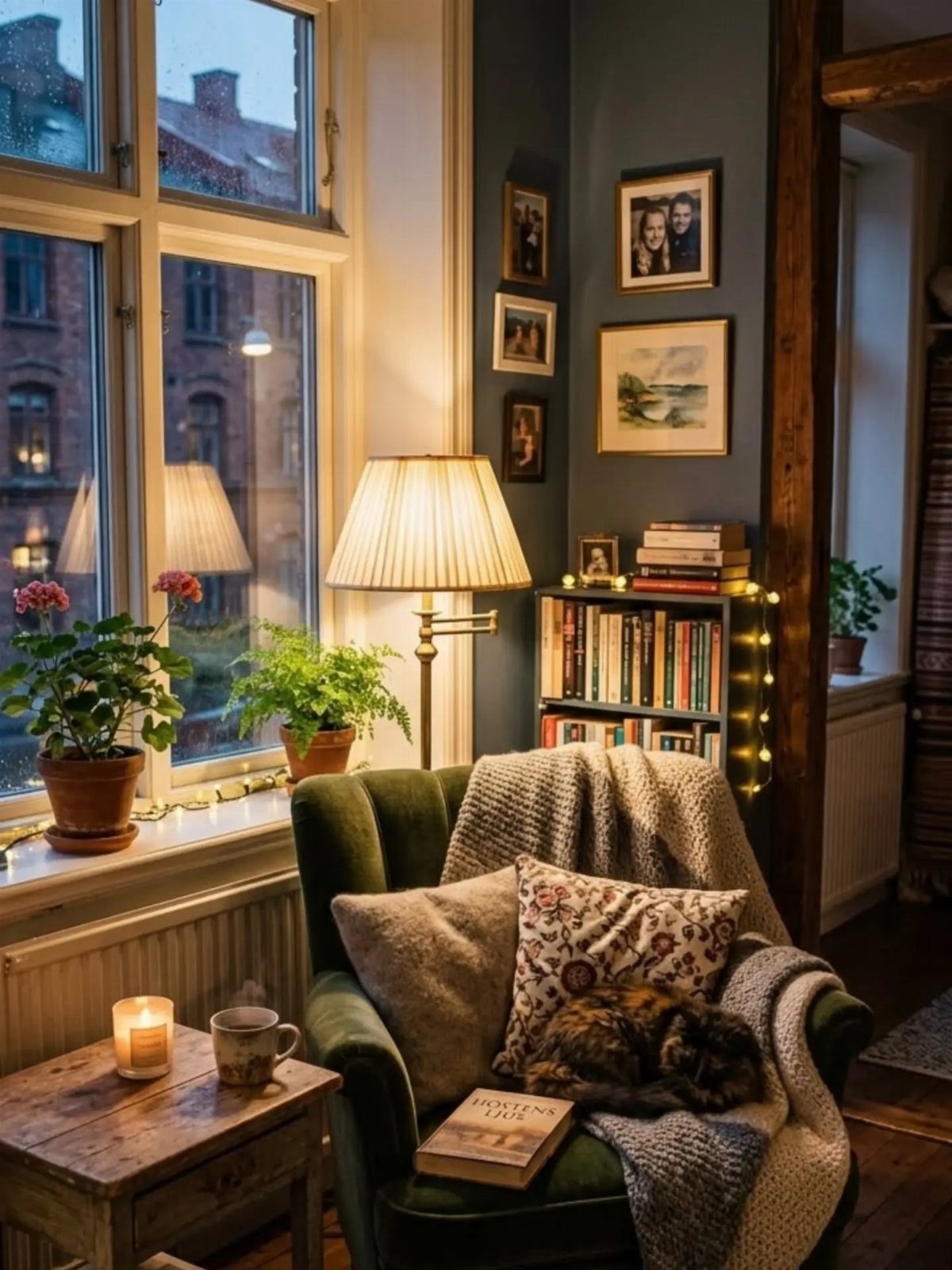 Green velvet armchair with a cat and a lit pleated floor lamp by a window.