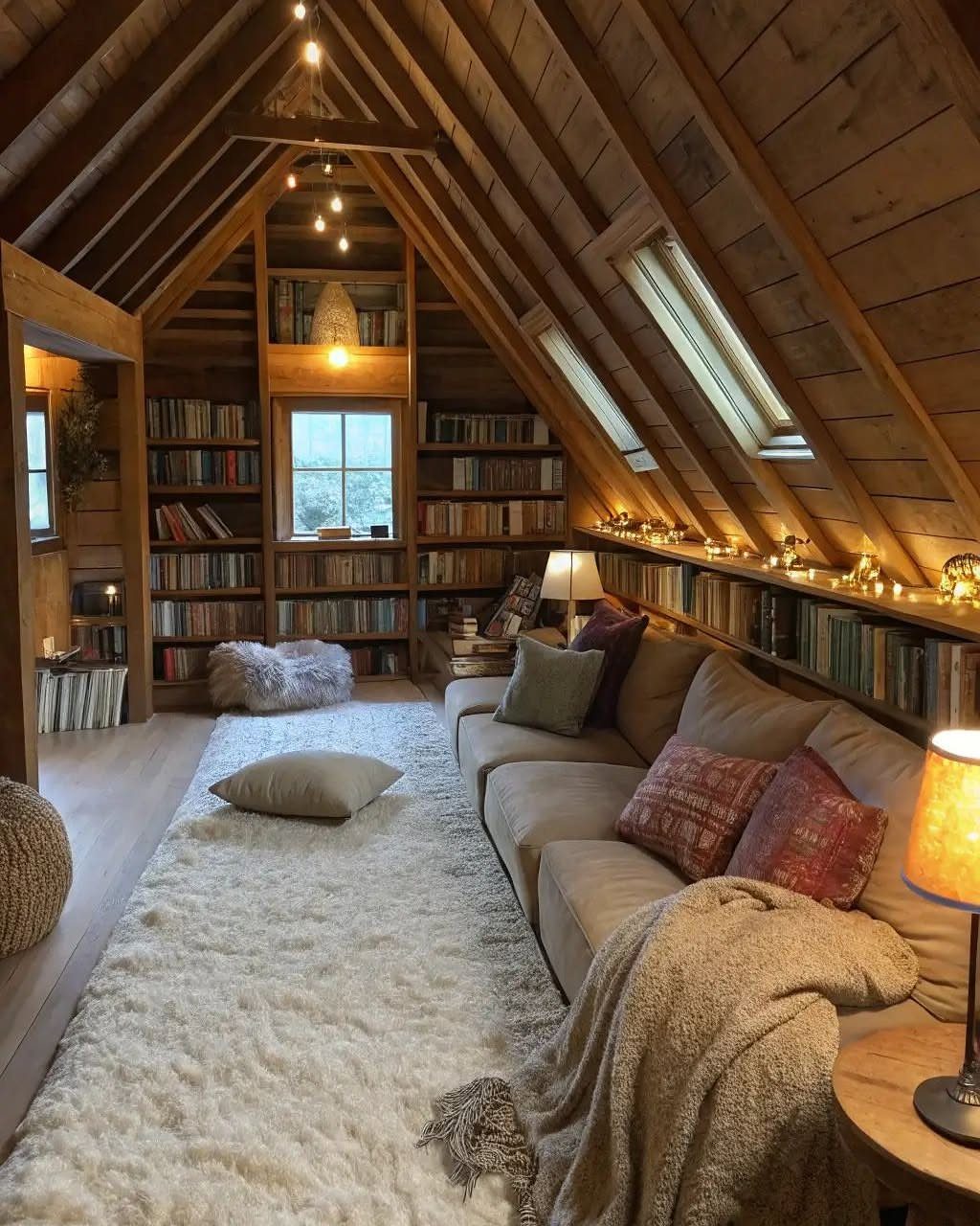 White shag rug in a cozy attic reading nook with a tan sofa and bookshelves.