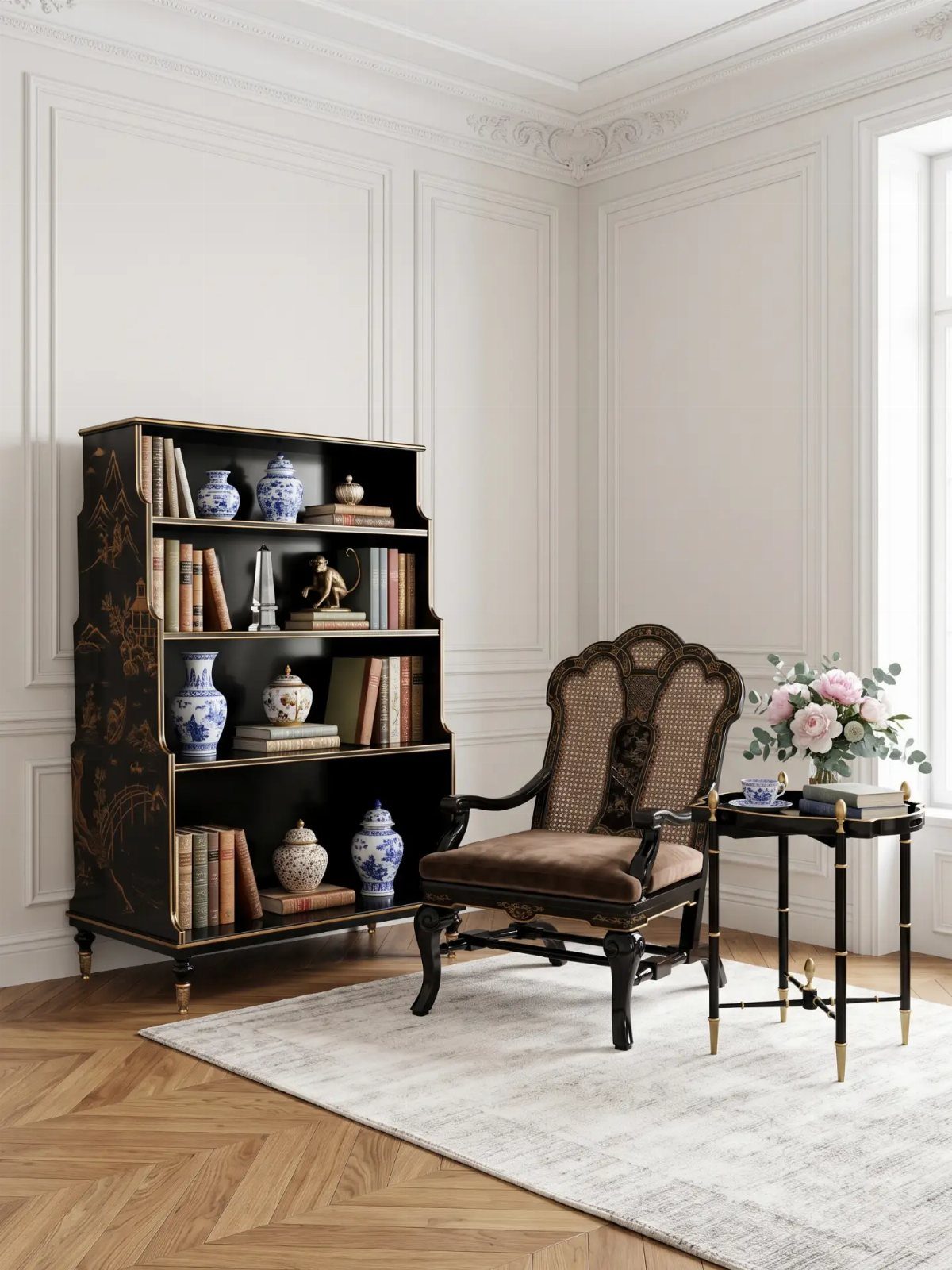 Black side table with gold accents next to a classic brown upholstered armchair.