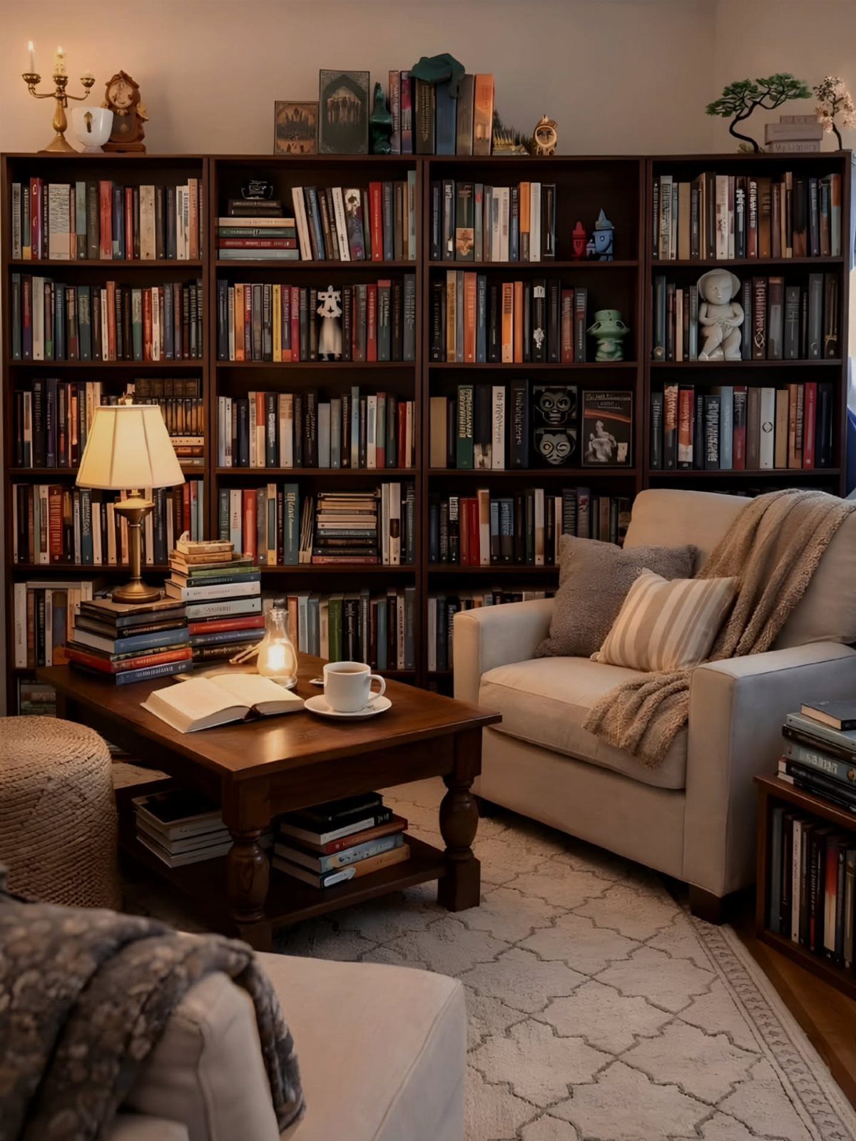 Large dark wood bookshelf filled with books behind a cozy armchair and coffee table.