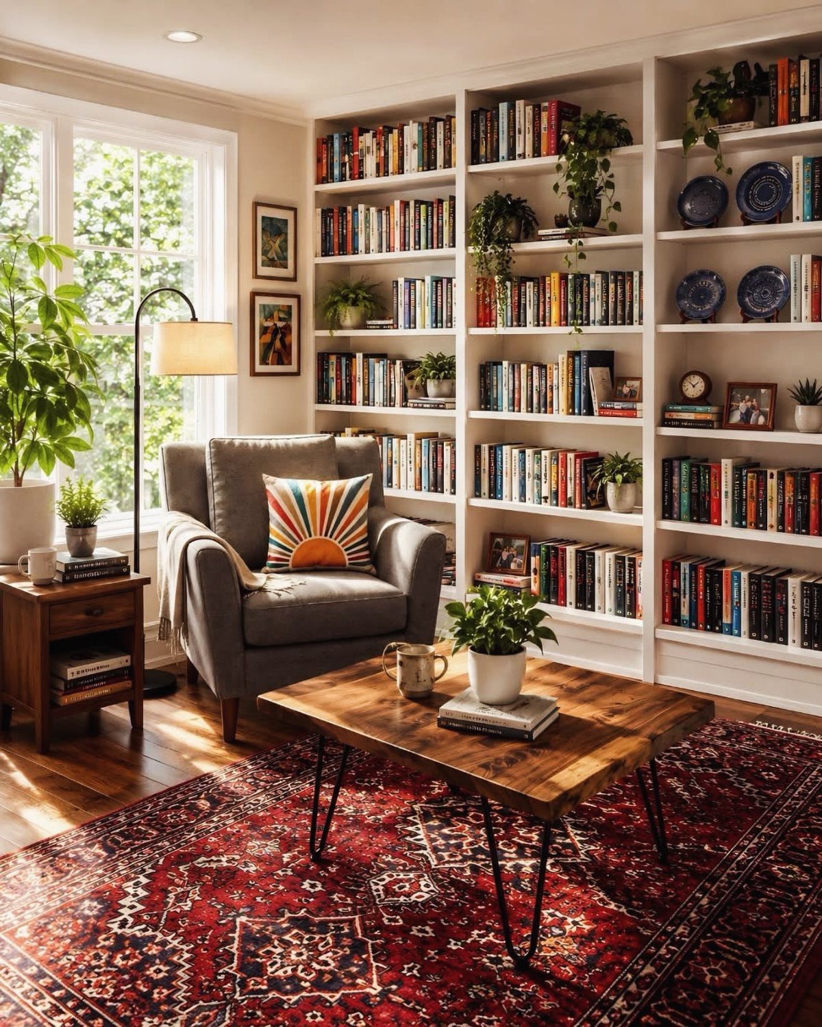 Grey armchair and wooden table in a quiet reading nook with large bookshelves.